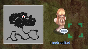 NPC Yggdrasiliad no centro do 1º andar com minimapa