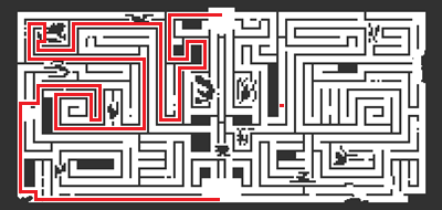 Minimapa do 1º andar com percurso destacado até a área central